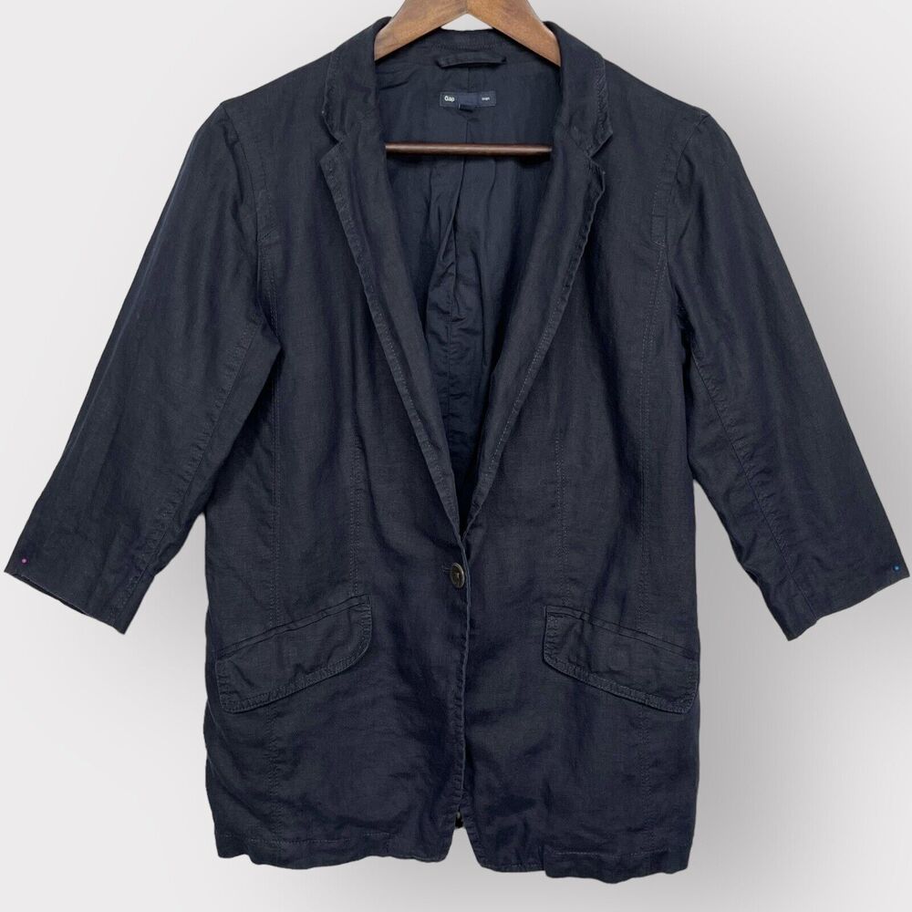 Gap Blazer Jacket Women Size 10 Blue‎ Linen Single Breasted Lined Pockets